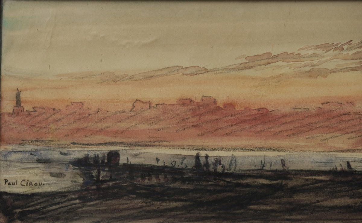 Aquarelle Soleil couchant sur la ville d'Alger - Paul CIROU - XXème-photo-4