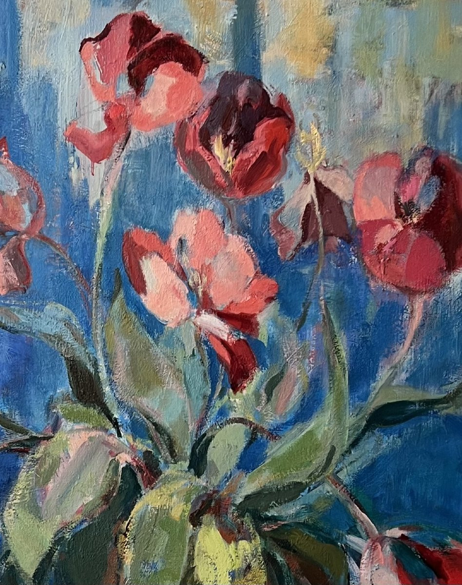Nature morte - Huile sur toile - Bouquet de tulipes rouges- Elisabeth Hahn-photo-2