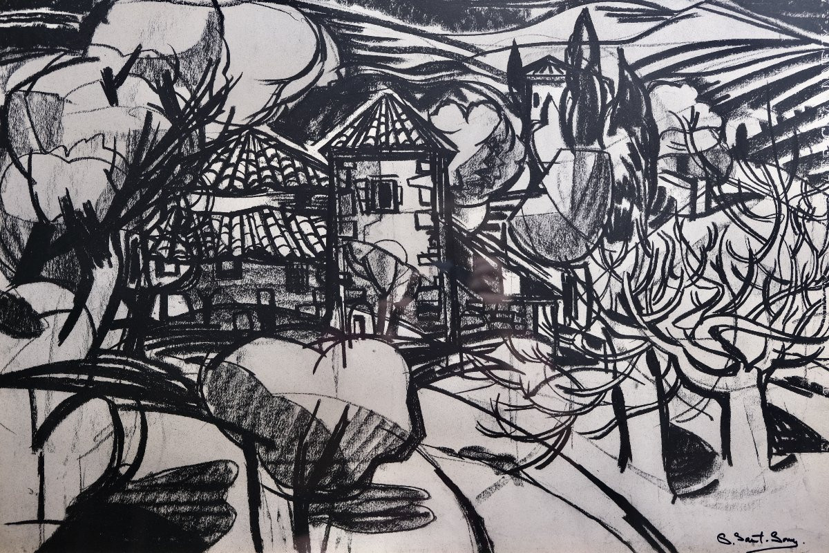 Dessin au fusain – Pierre St Sorny – Mas provençal à Saint-Paul-de-Vence-photo-2