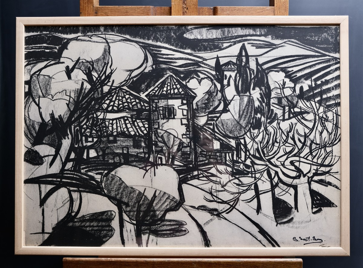 Dessin au fusain – Pierre St Sorny – Mas provençal à Saint-Paul-de-Vence