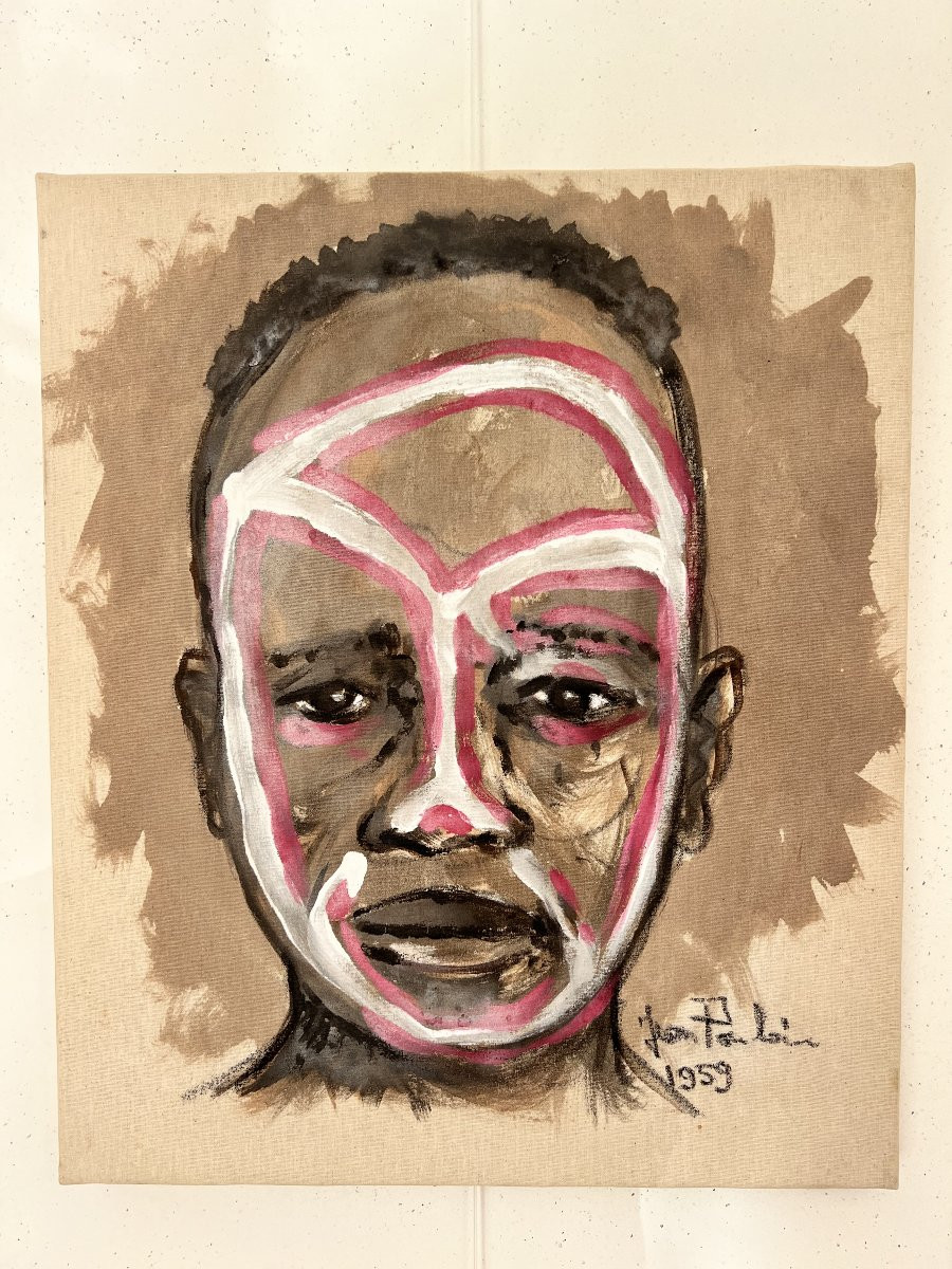 Série de 6 portraits de guerriers Africains  - 1959 - Gouache sur toile - Jean POULAIN --photo-3
