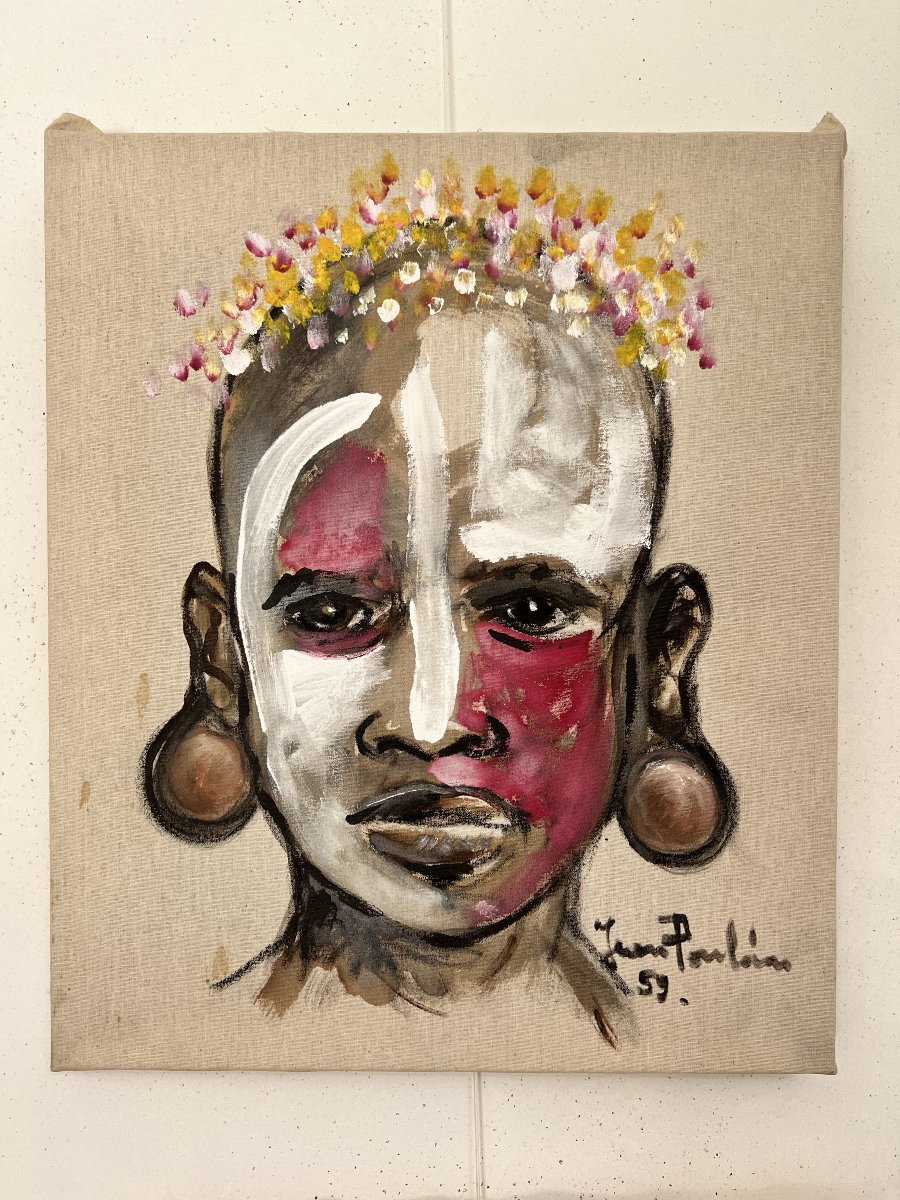 Série de 6 portraits de guerriers Africains  - 1959 - Gouache sur toile - Jean POULAIN --photo-4