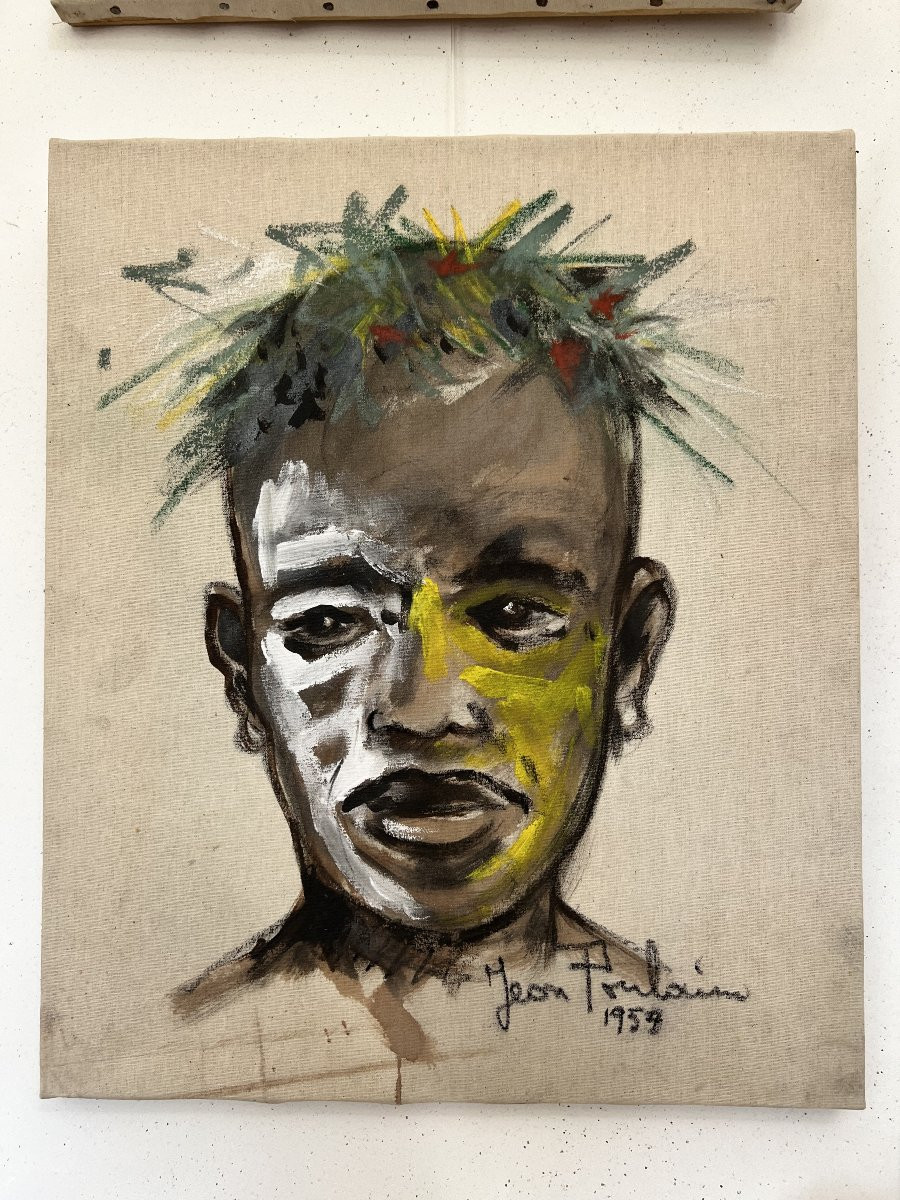 Série de 6 portraits de guerriers Africains  - 1959 - Gouache sur toile - Jean POULAIN --photo-4