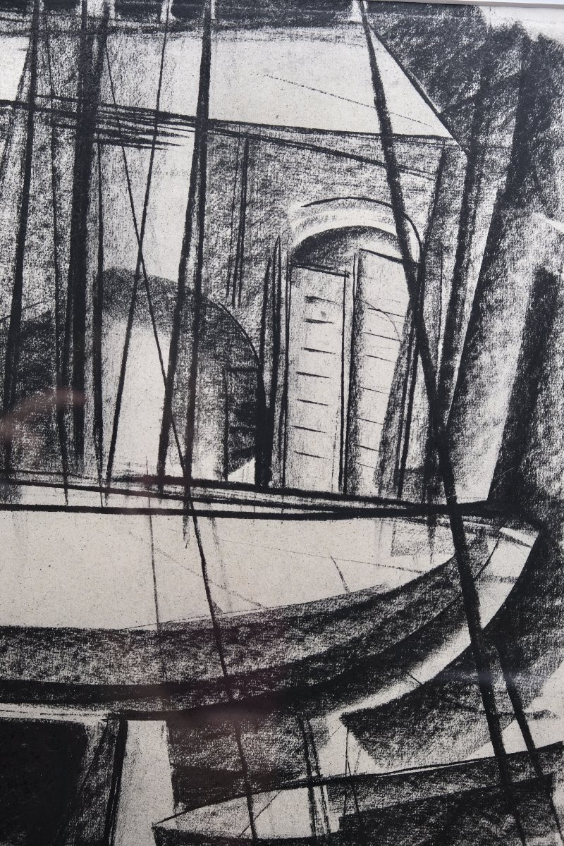Modern Charcoal Drawing – Pierre St Sorny – Boat On The Slipway – French Modern Art-photo-2