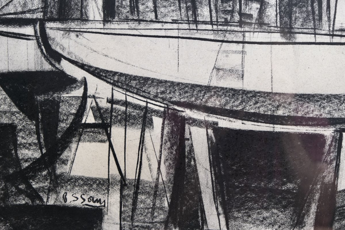Modern Charcoal Drawing – Pierre St Sorny – Boat On The Slipway – French Modern Art-photo-3