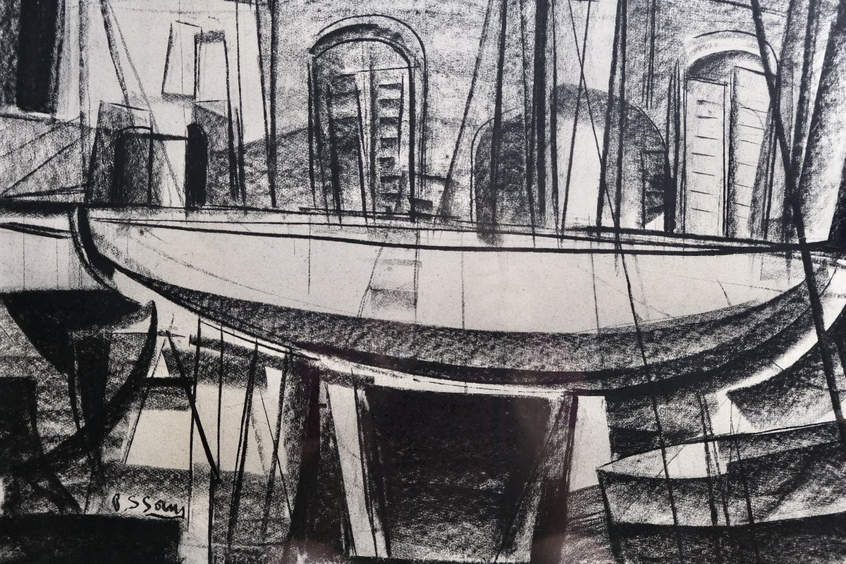 Modern Charcoal Drawing – Pierre St Sorny – Boat On The Slipway – French Modern Art-photo-4