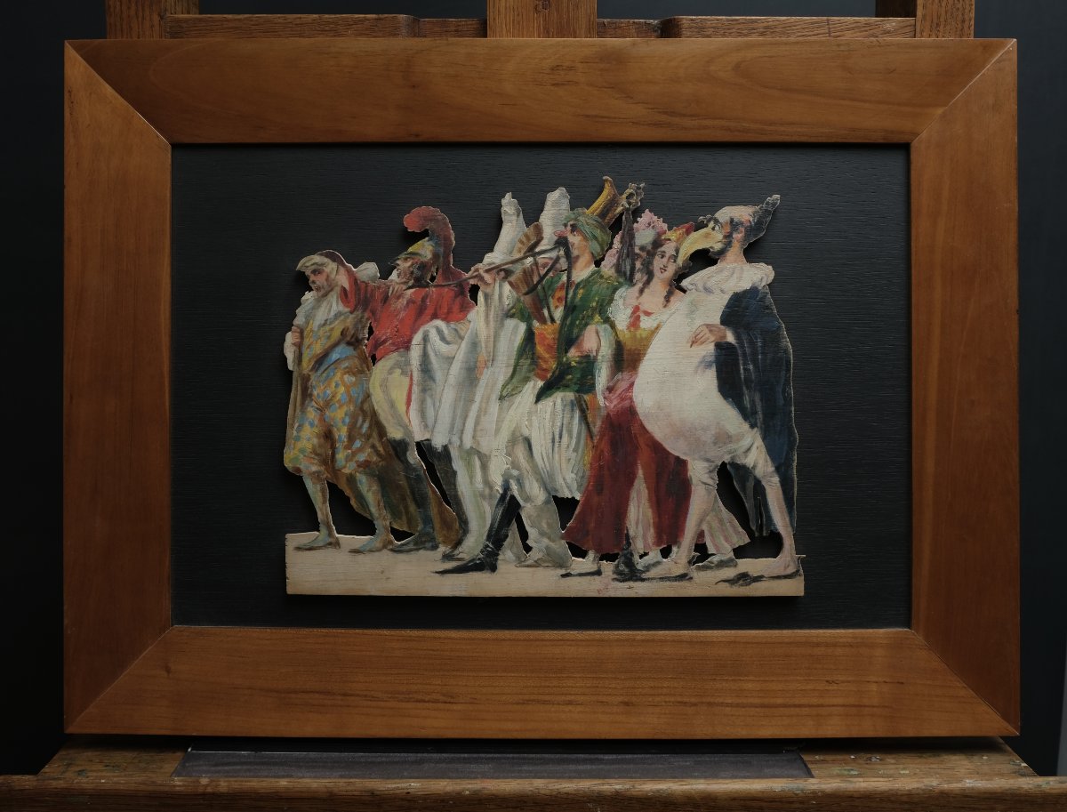 Scene From A Play-oil On Cut-out Wood Panel-charles Betout-early 20th Century
