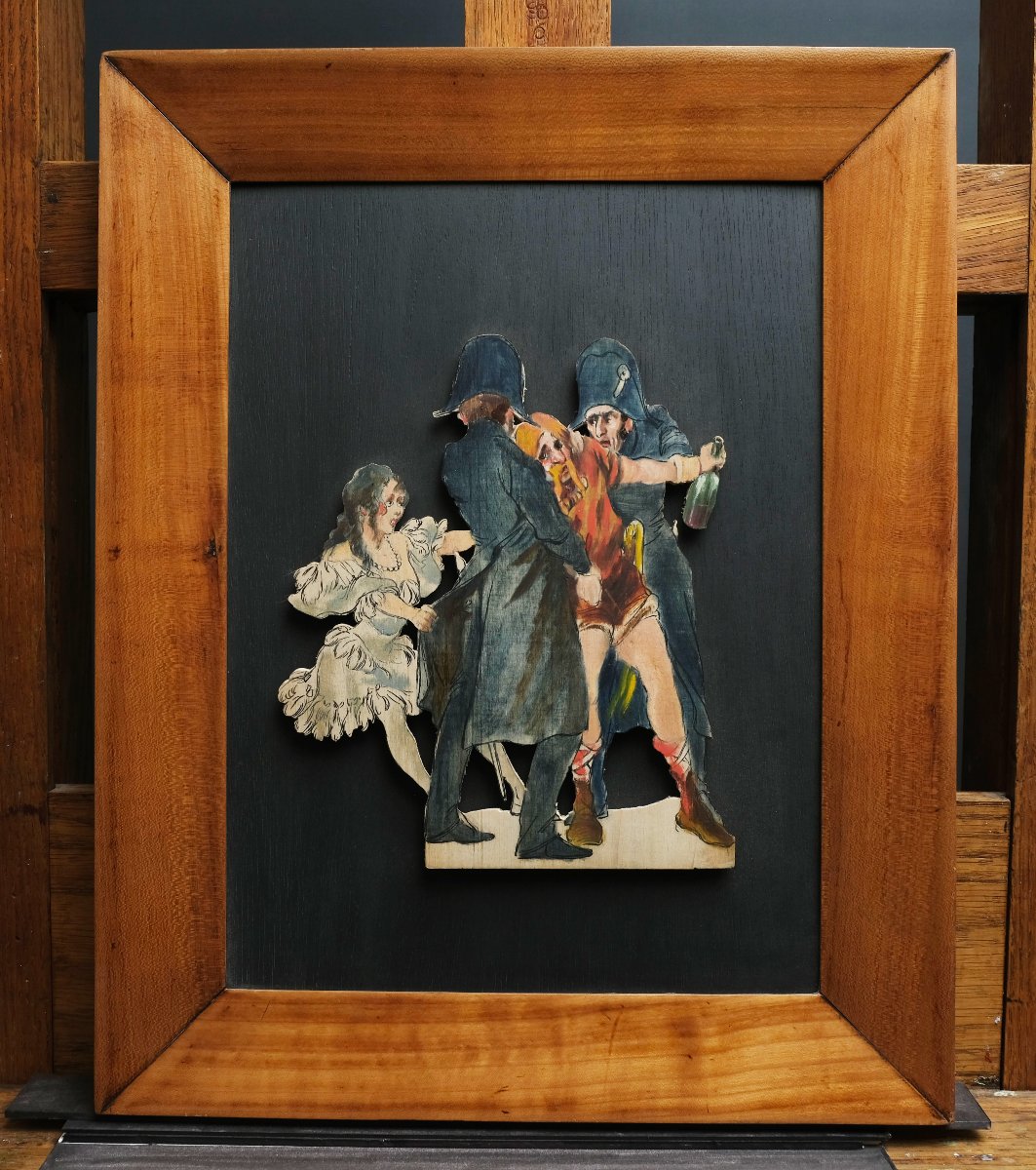 Scene From A Play-oil On Cut-out Wood Panel-charles Betout-early 20th Century