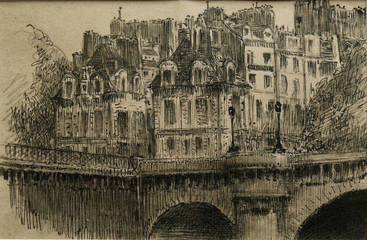 Charles Bétout – Drawing - Place Dauphine And Pont-neuf, Paris, 1942.
