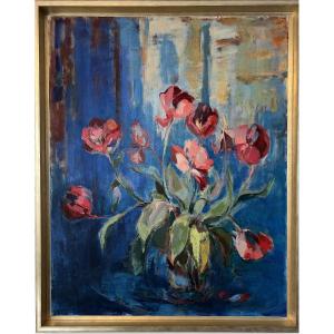 Nature morte - Huile sur toile - Bouquet de tulipes rouges- Elisabeth Hahn