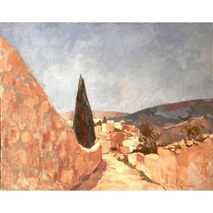 Chemin aux cyprès - Huile sur toile - Elisabeth HAHN XXème