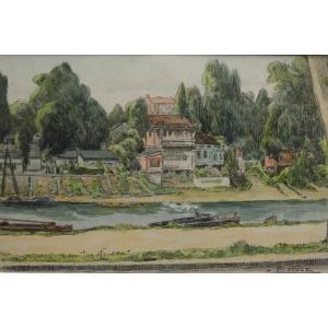 Dessin - L'Isle de la Jatte rive gauche - Circa 1940 - Charles BETOUT 
