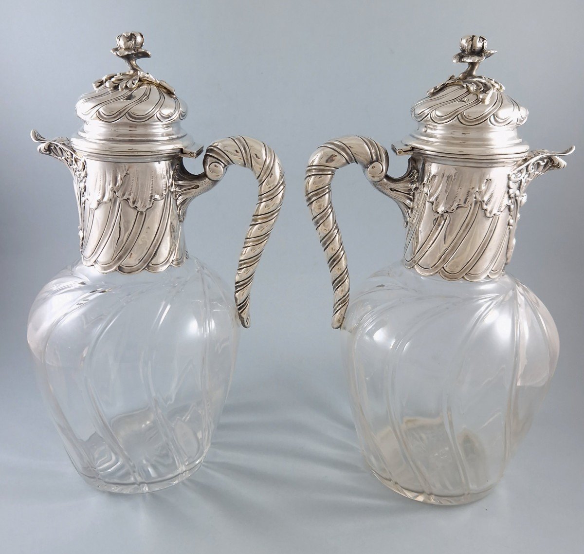 Paire de carafes en cristal et argent massif-photo-3