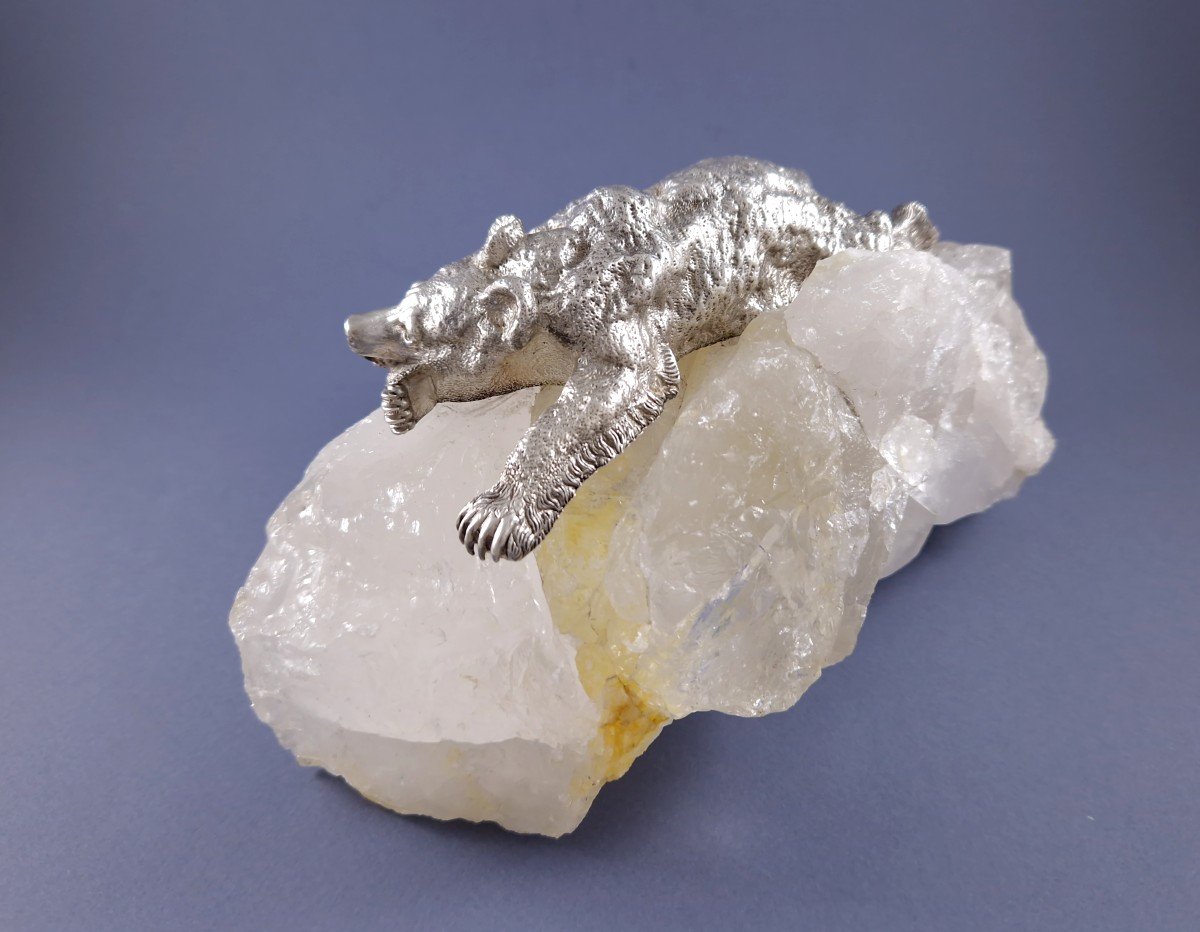 Puiforcat - Polar Bear Sculpture In Sterling Silver On Rock Crystal-photo-5