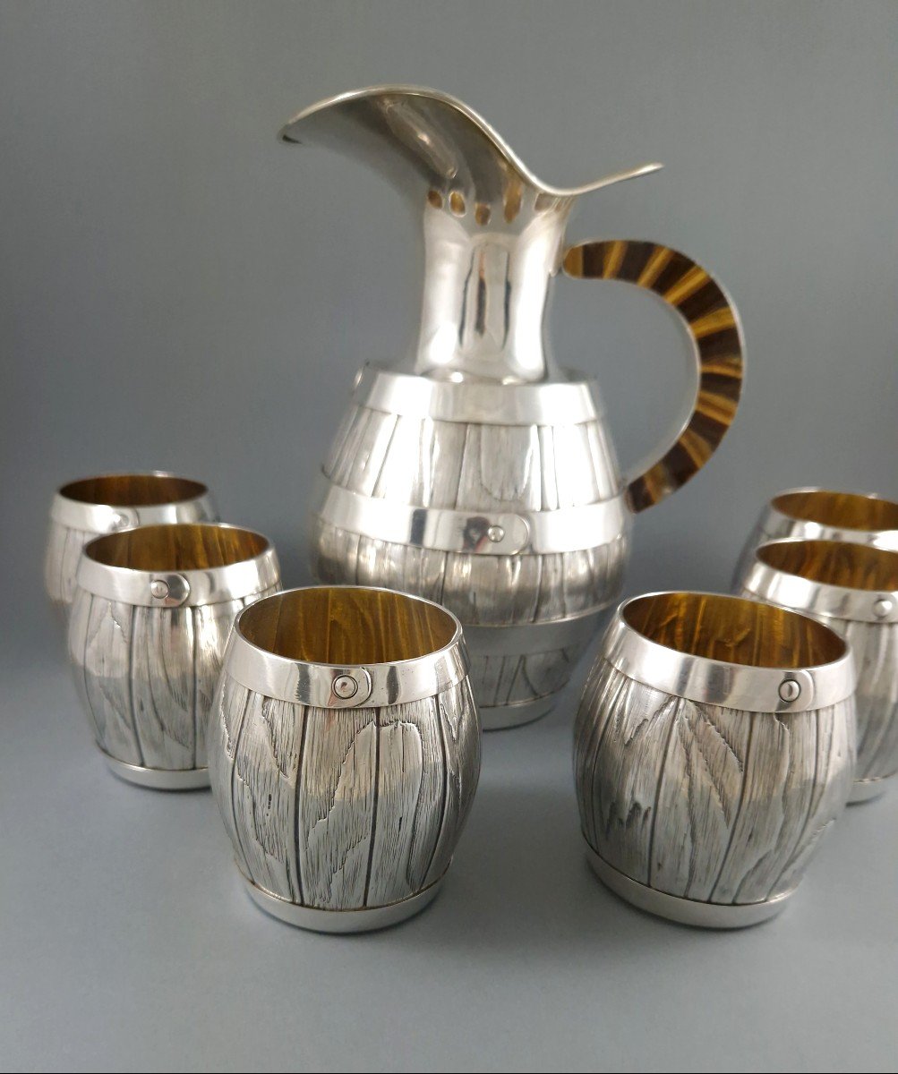 Jug And 6 Glasses In Solid Silver, Gilt And Tiger's Eye-photo-3