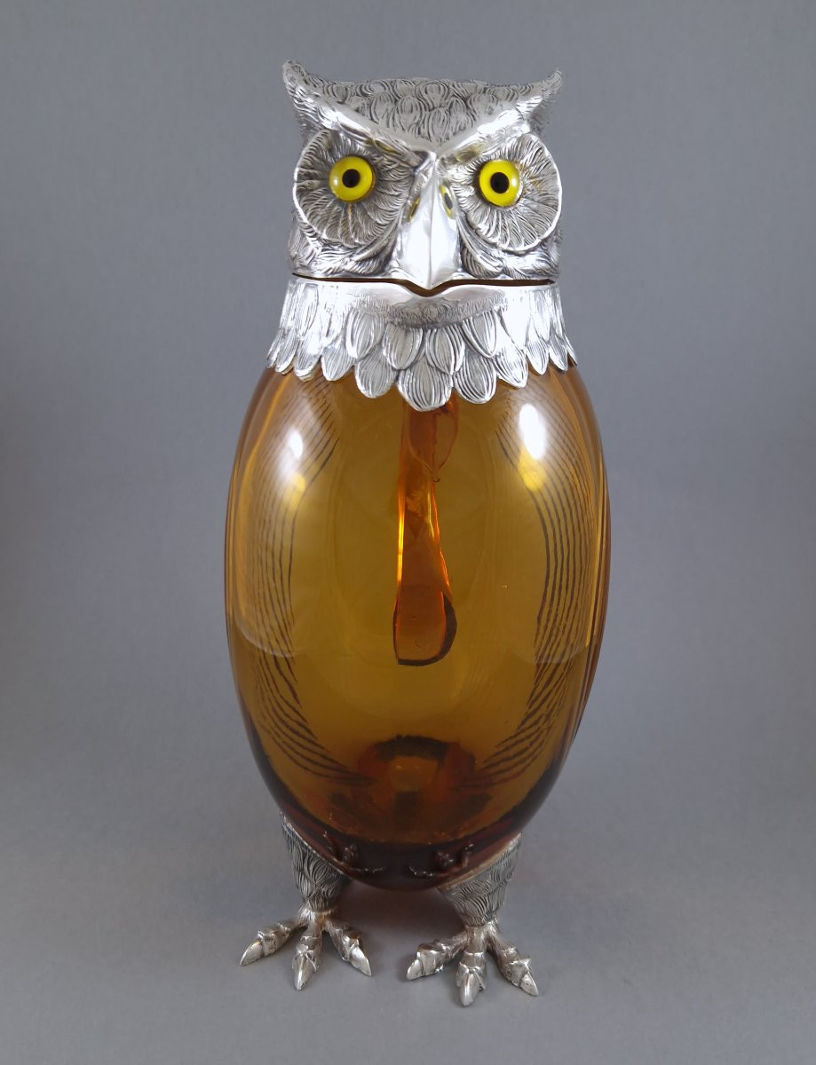 Carafe hibou en verre et argent massif-photo-1