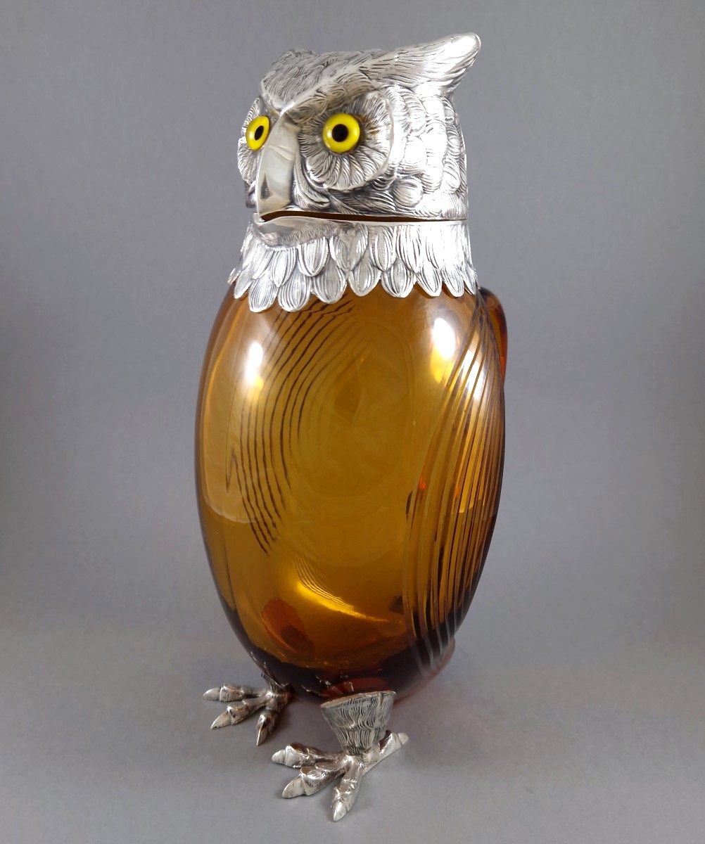 Carafe hibou en verre et argent massif
