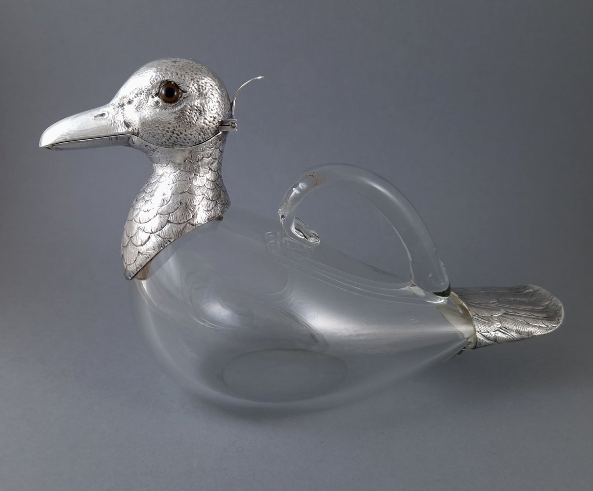 Duck-shaped Carafe In Glass And Sterling Silver-photo-4