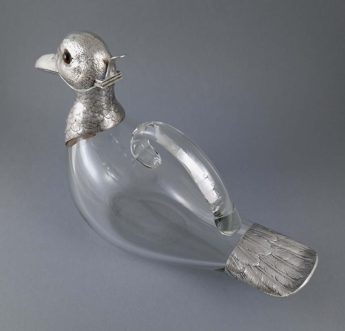 Duck-shaped Carafe In Glass And Sterling Silver-photo-4