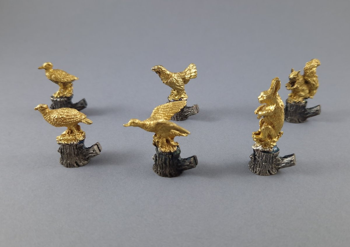 6 portes nom en argent massif et vermeil thème de la chasse-photo-2