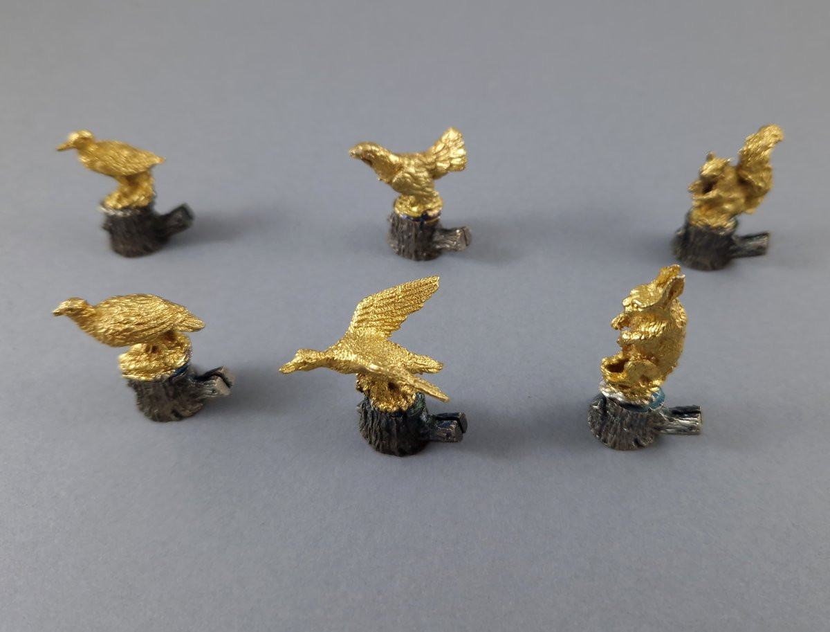 6 portes nom en argent massif et vermeil thème de la chasse-photo-3