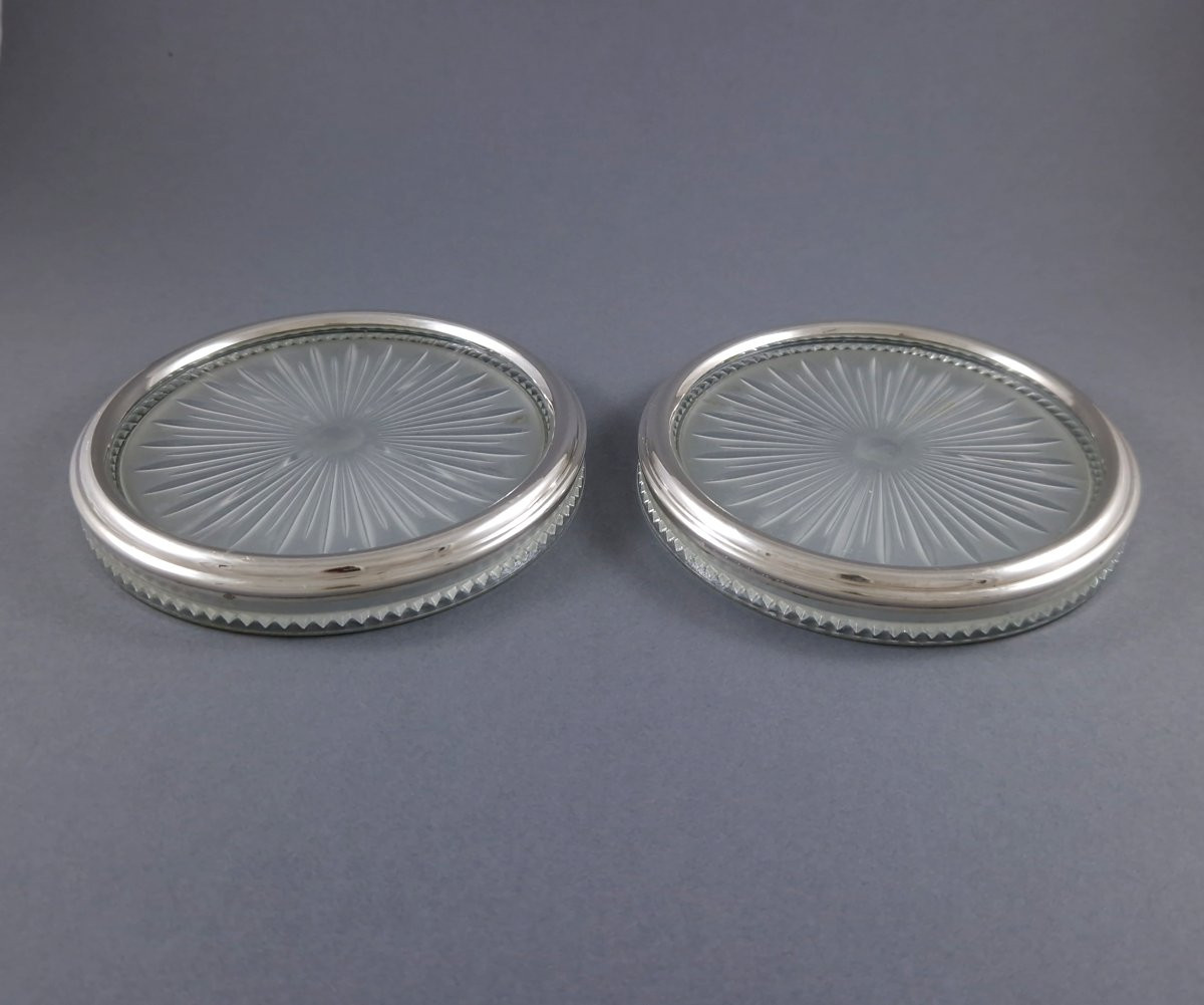 Pair Of Glass And Sterling Silver Bottle Coasters-photo-1