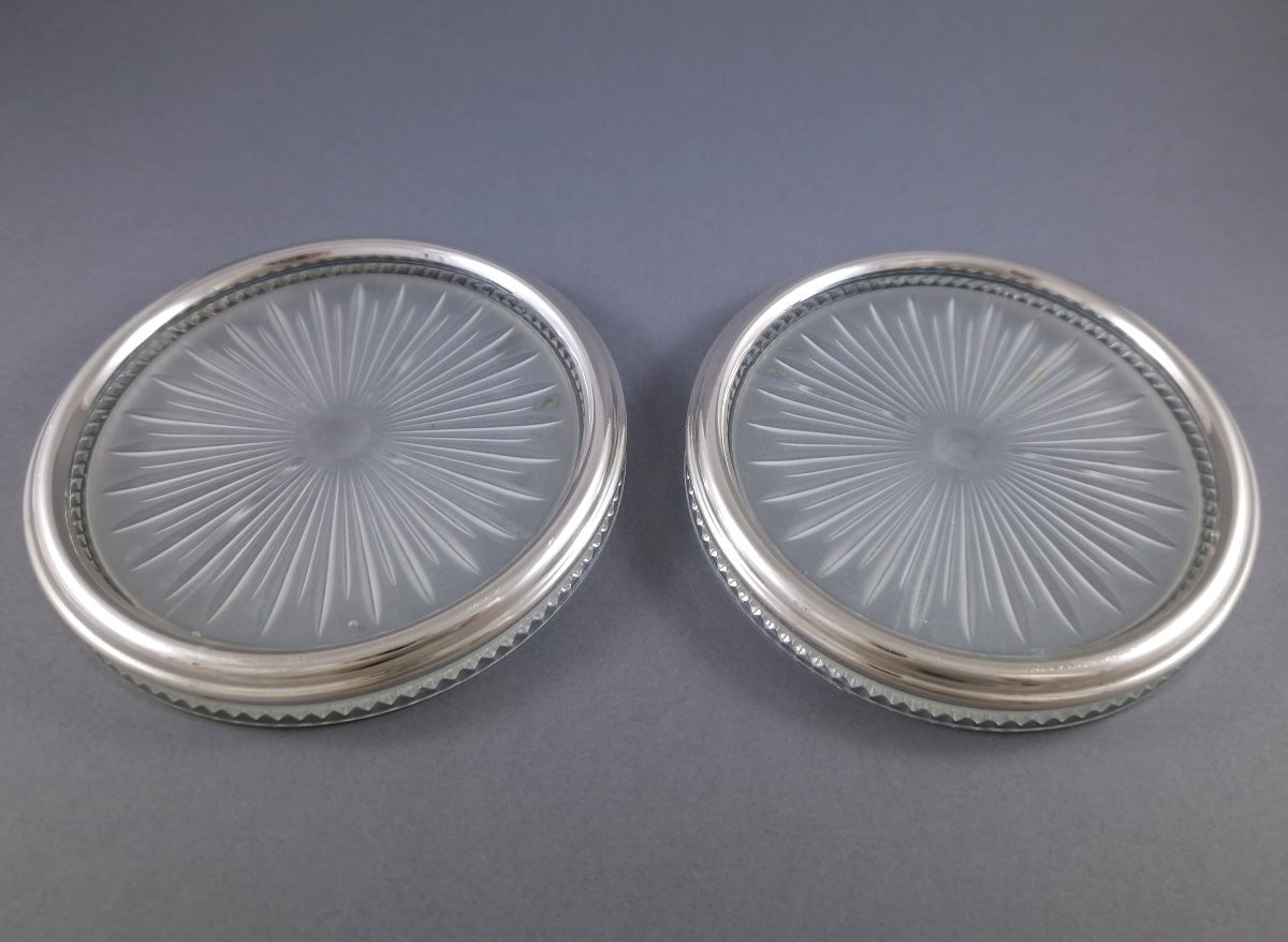 Pair Of Glass And Sterling Silver Bottle Coasters-photo-2