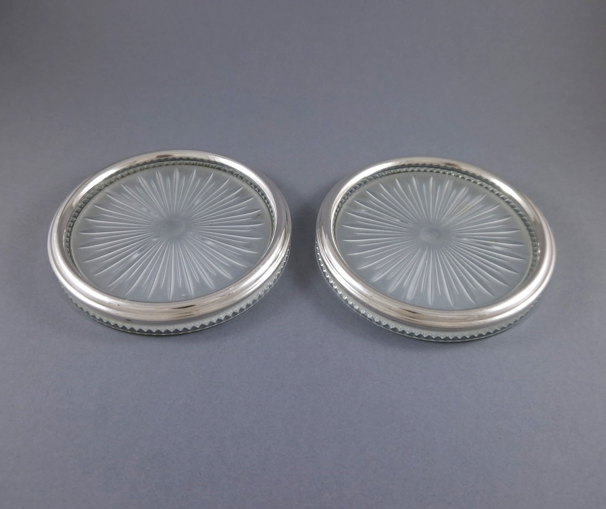 Pair Of Glass And Sterling Silver Bottle Coasters
