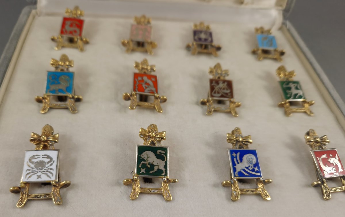 12 Sterling Silver Gilt And Enamel Place Cards Holders Zodiac Theme-photo-2