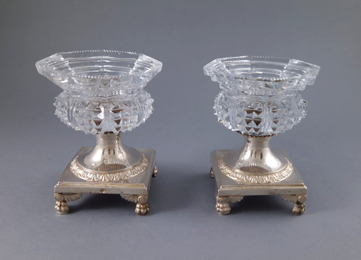 Pair Of Crystal And Sterling Silver Salt Cellars