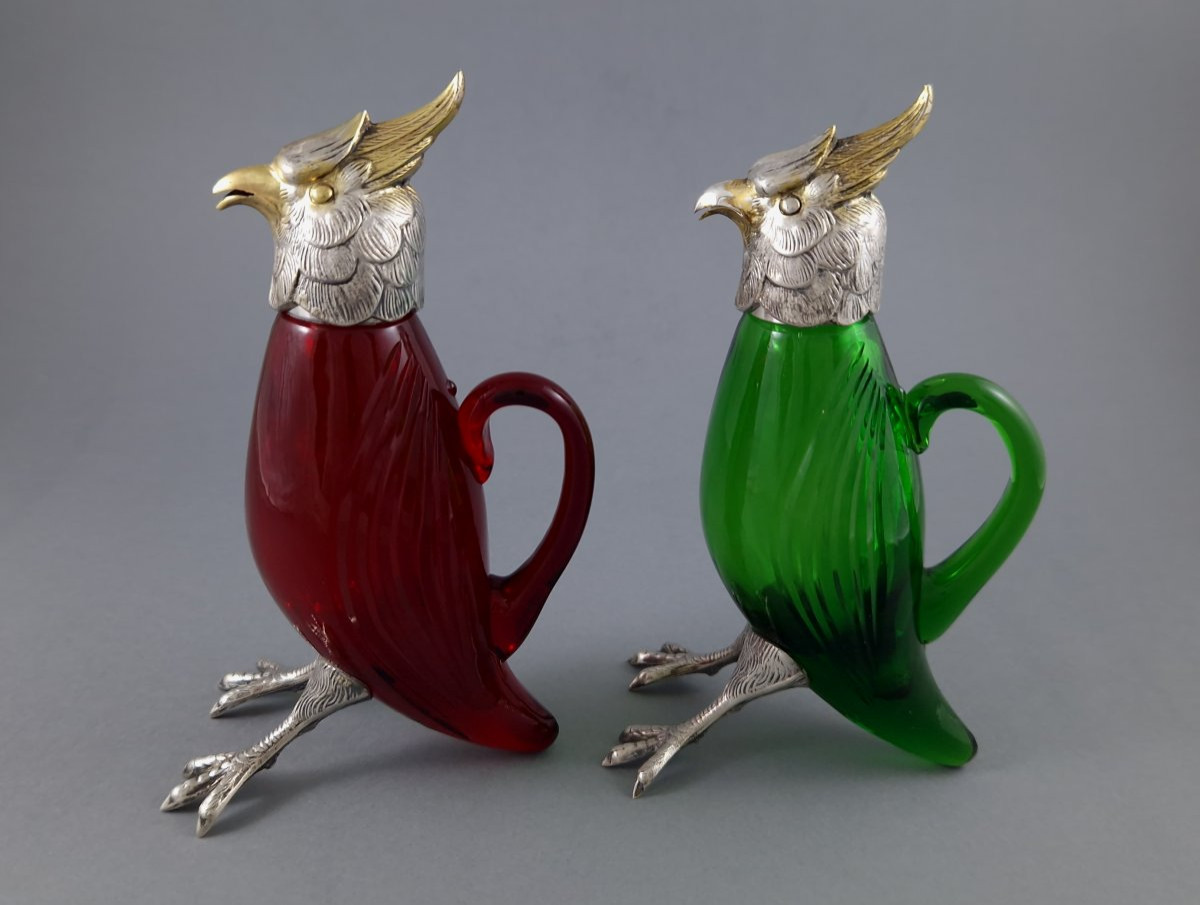 2 verseuses oiseau en verre et argent massif-photo-2