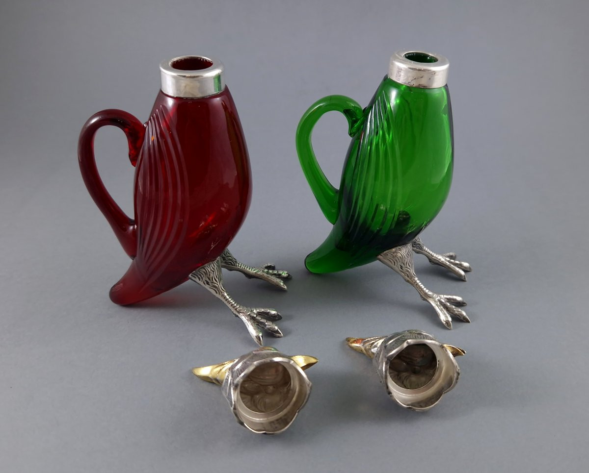 2 verseuses oiseau en verre et argent massif-photo-4