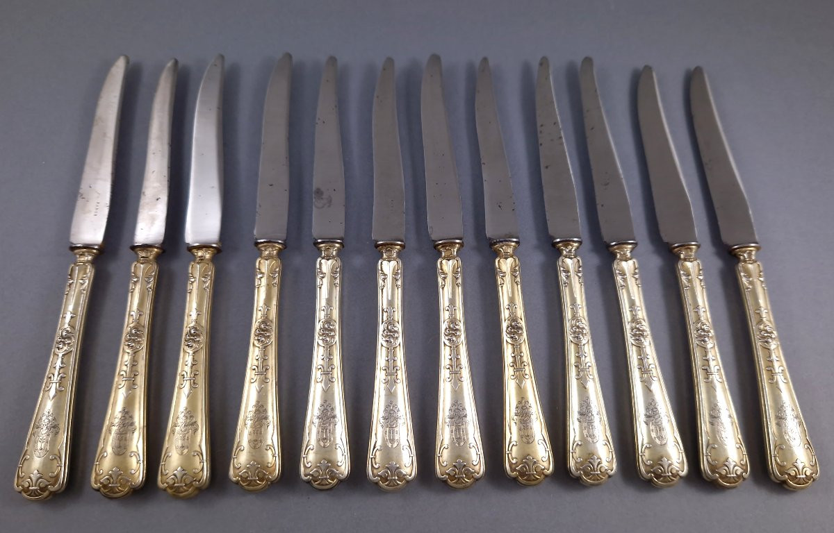 Puiforcat - 36 Knives In Sterling Silver And Gilt-photo-2