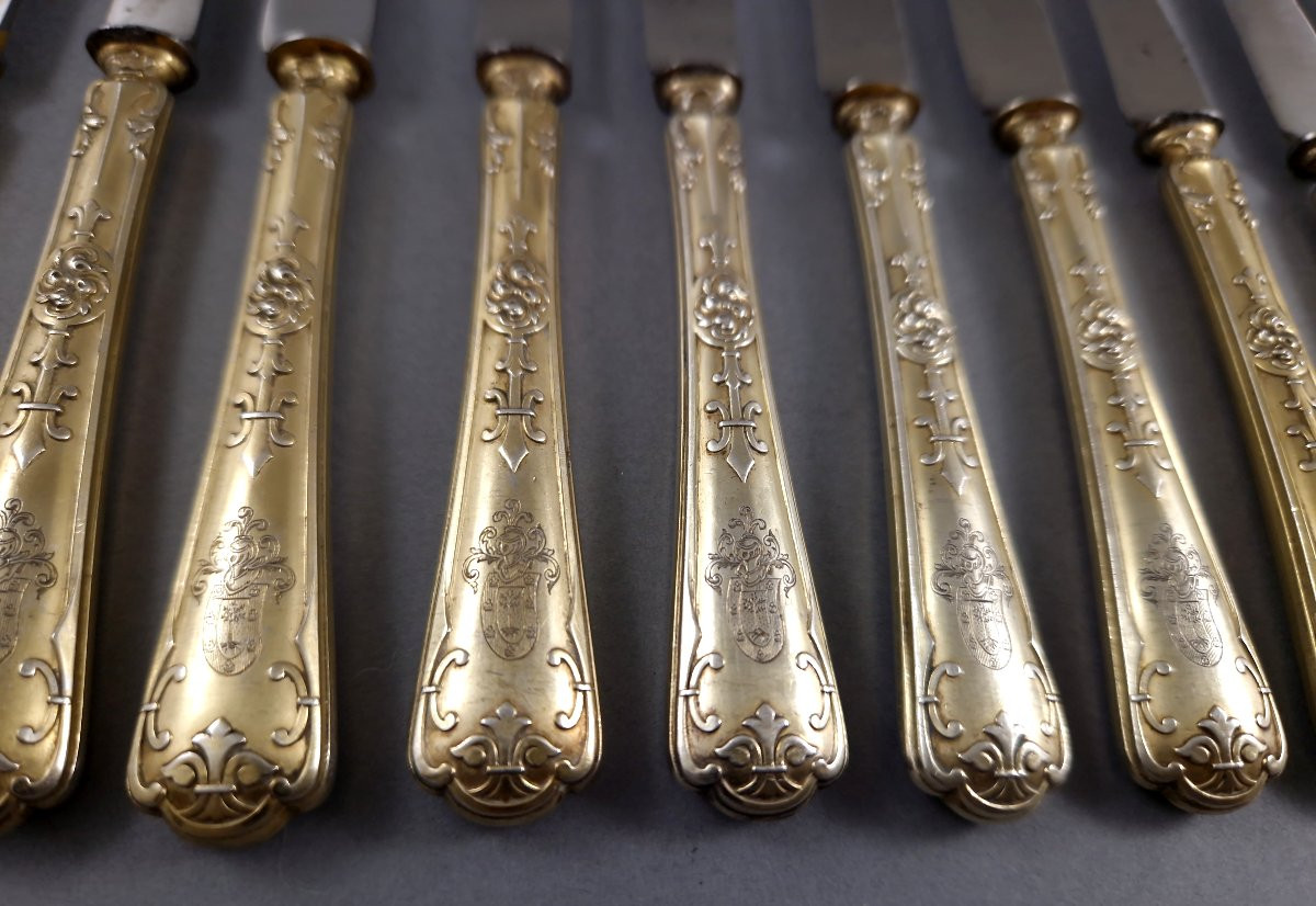 Puiforcat - 36 Knives In Sterling Silver And Gilt-photo-3