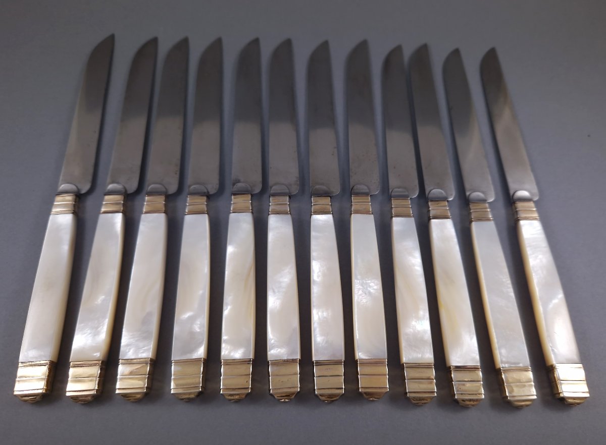 12 et 12 couteaux en nacre, vermeil et or rose -photo-4