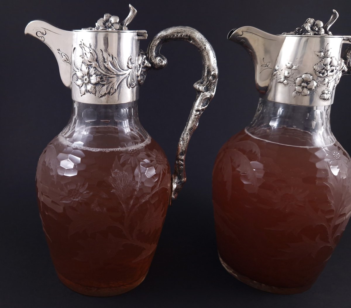 Paire d'aiguières en cristal et argent massif Art Nouveau Vienne-photo-2