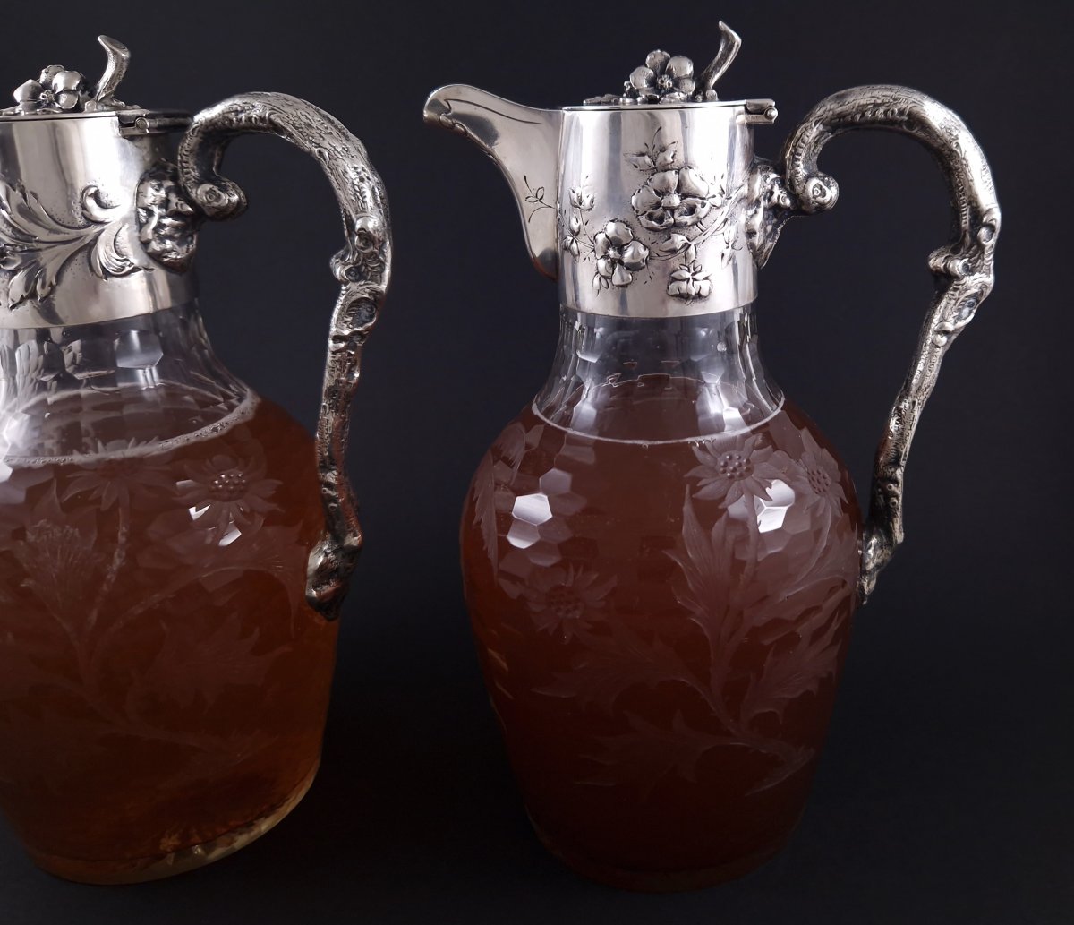 Paire d'aiguières en cristal et argent massif Art Nouveau Vienne-photo-3