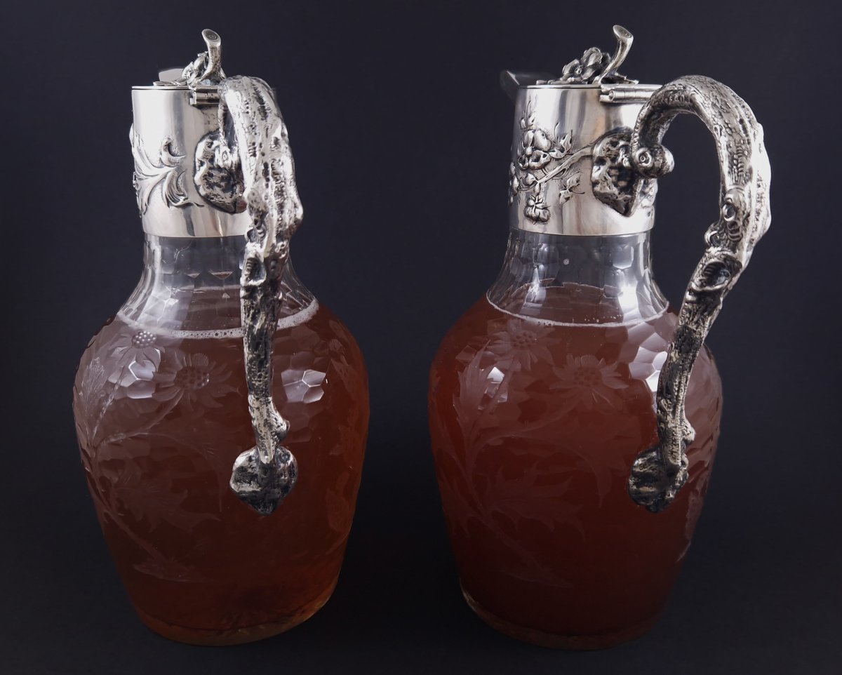 Paire d'aiguières en cristal et argent massif Art Nouveau Vienne-photo-1