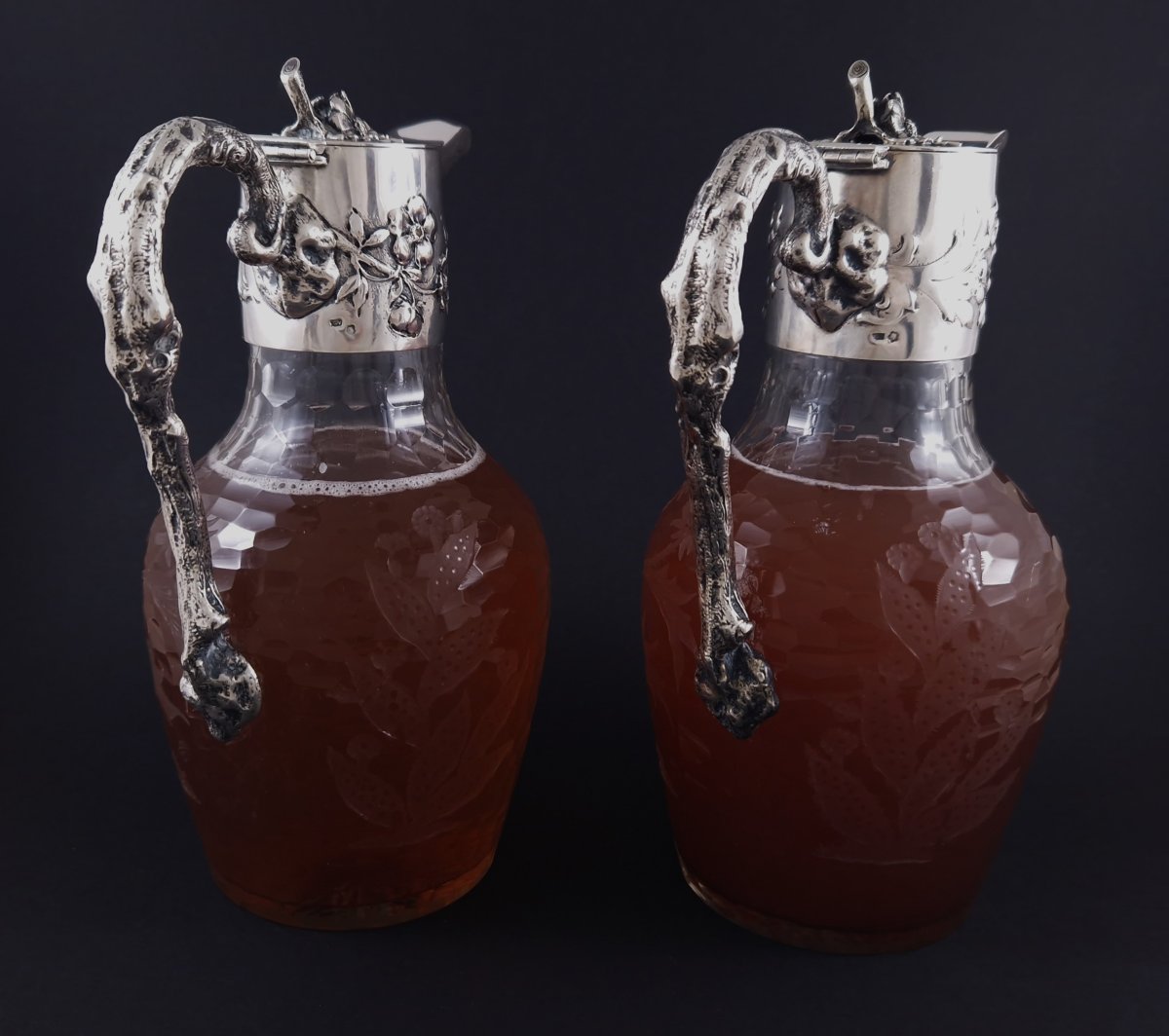 Paire d'aiguières en cristal et argent massif Art Nouveau Vienne-photo-2