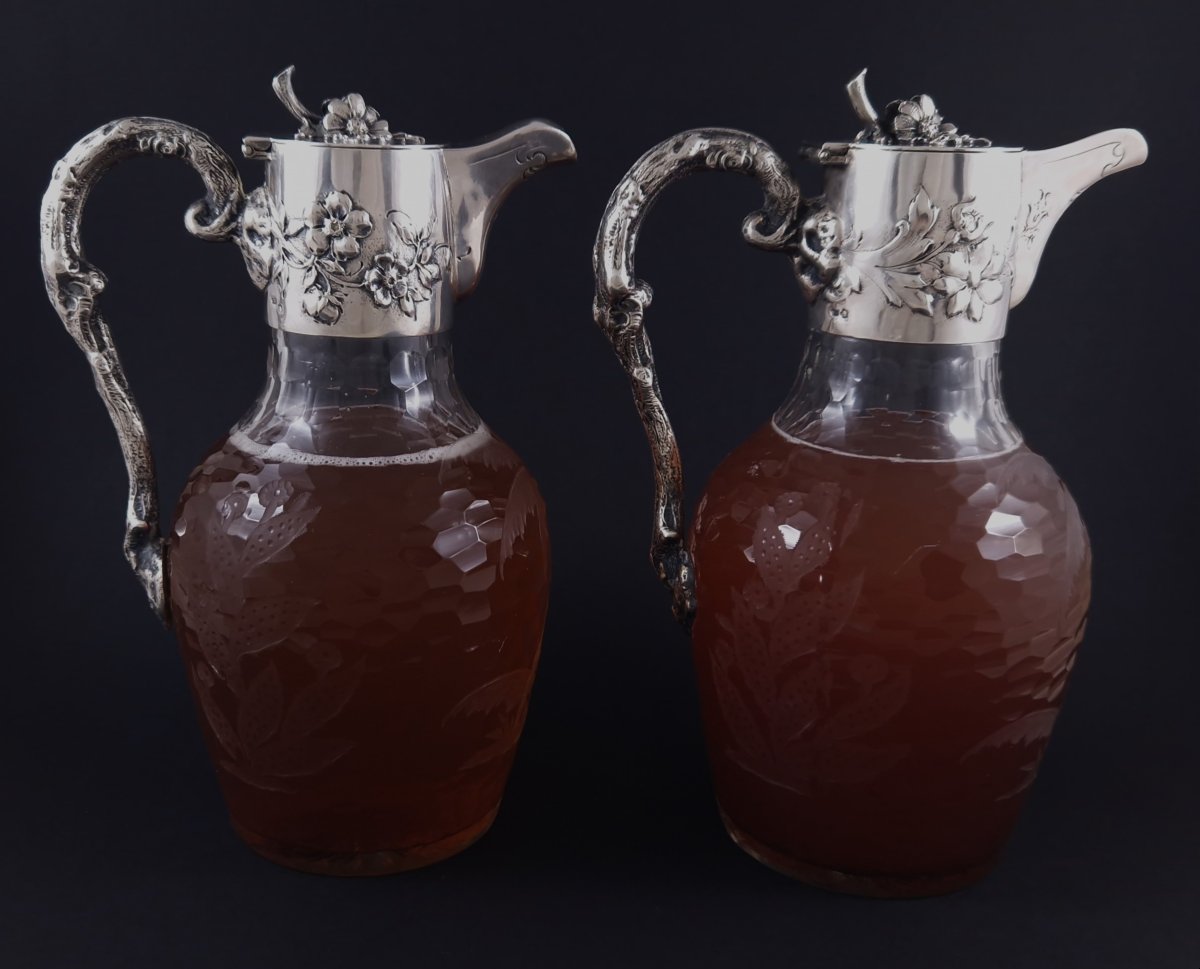 Paire d'aiguières en cristal et argent massif Art Nouveau Vienne-photo-3