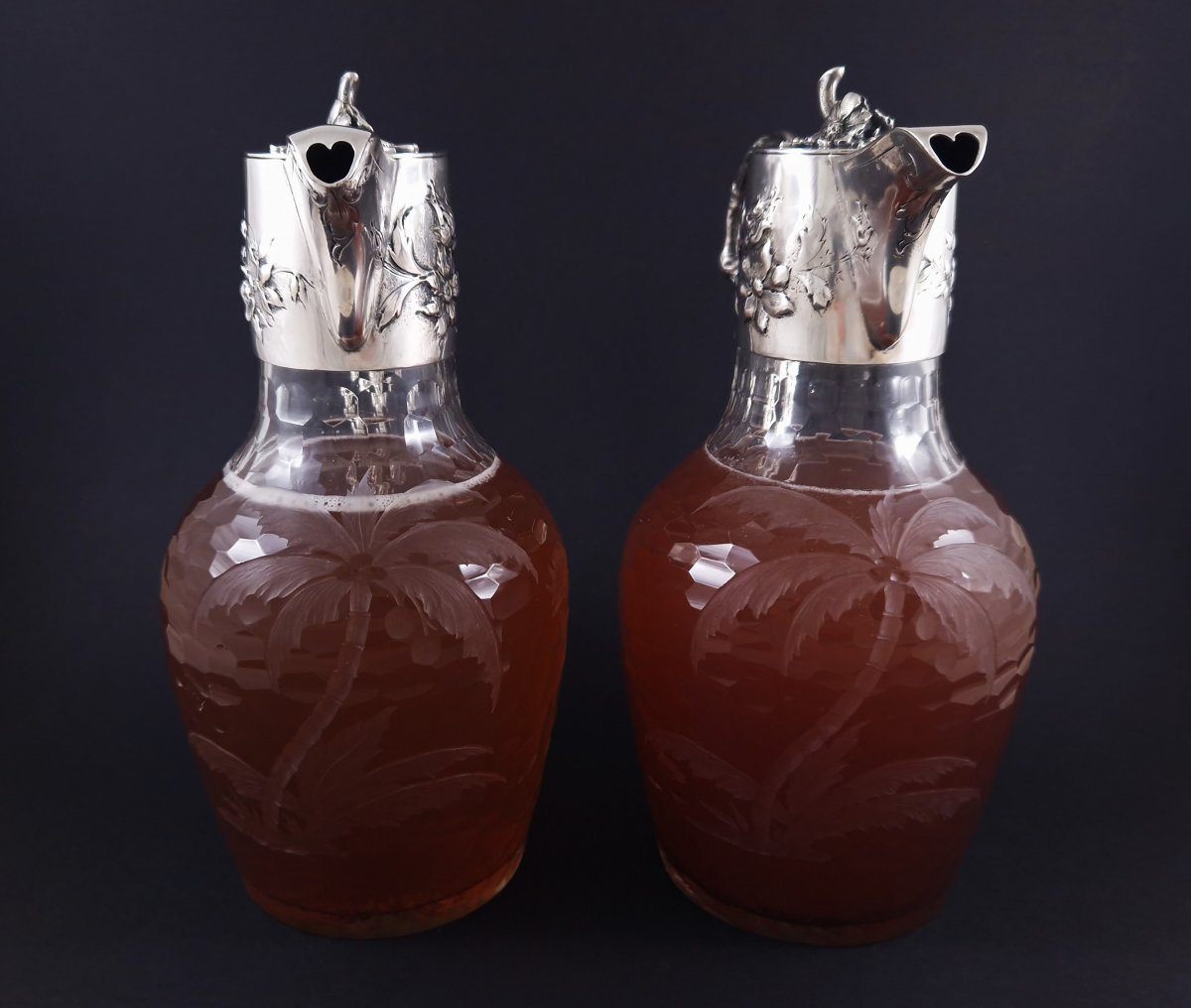 Paire d'aiguières en cristal et argent massif Art Nouveau Vienne-photo-4