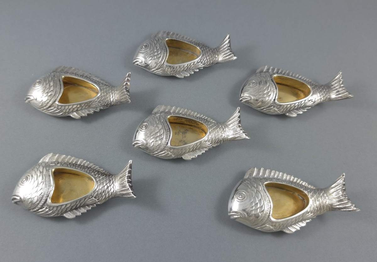 6 salières poisson en métal argenté 