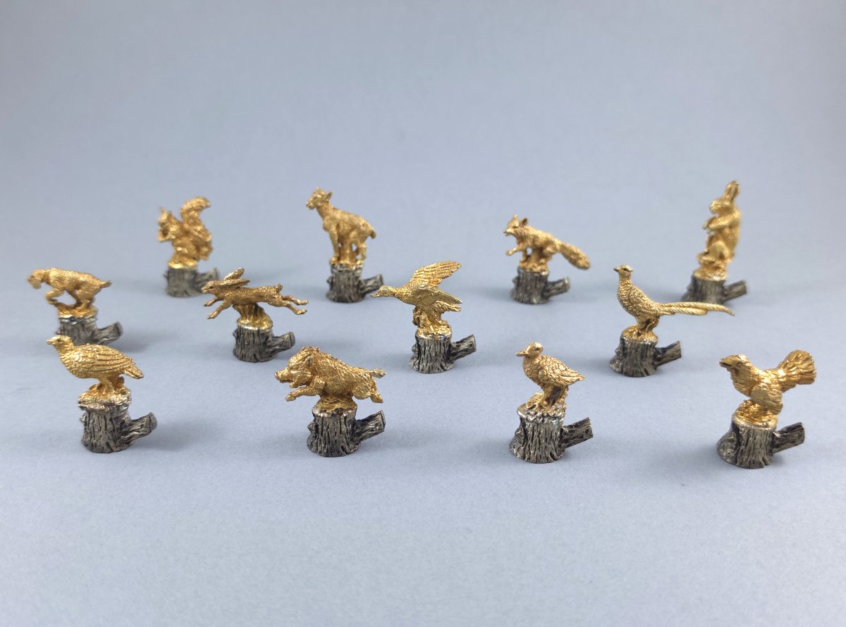 12 Sterling Silver And Gilt Place Card Holders Theme Of Hunting-photo-4