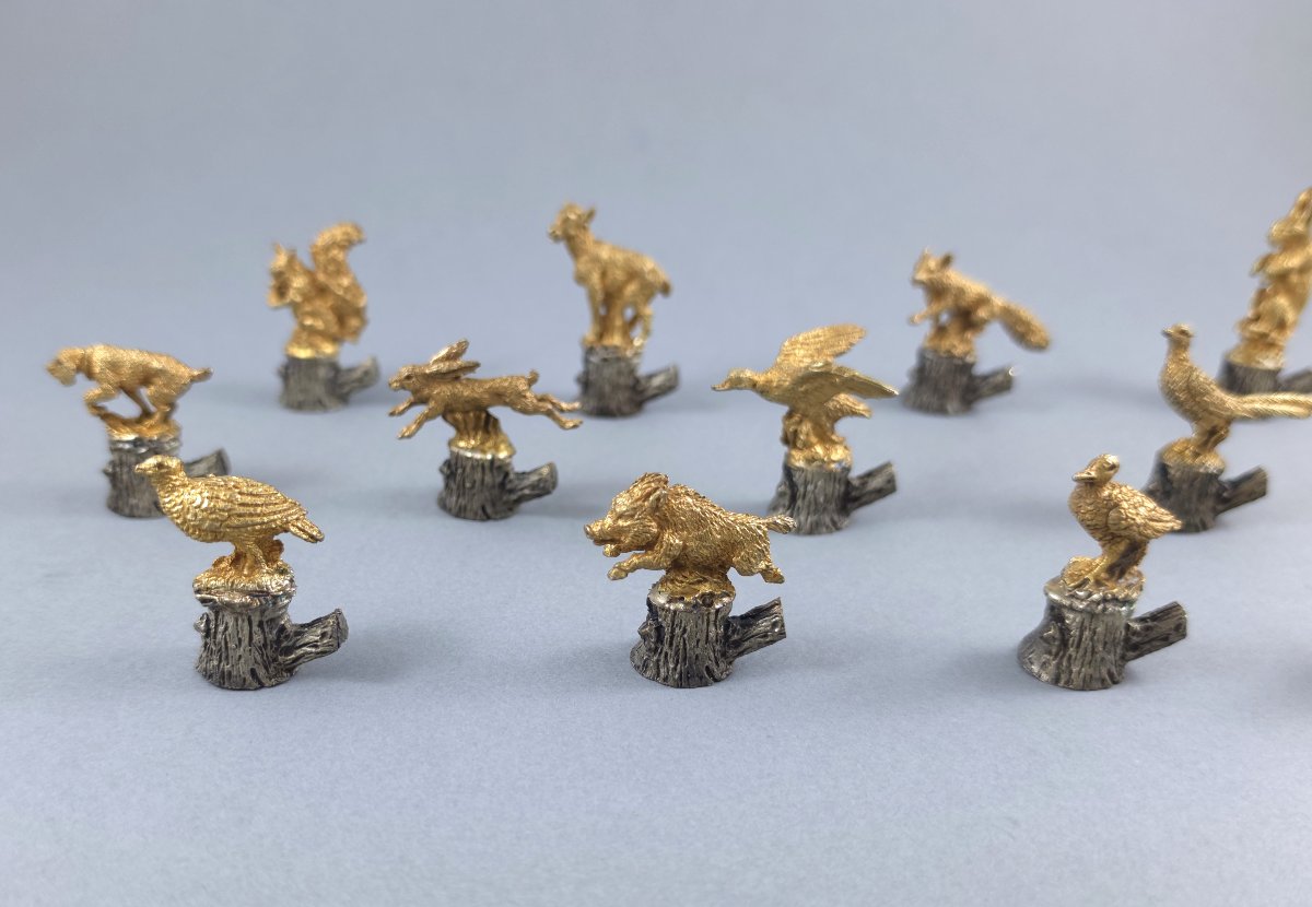 12 Sterling Silver And Gilt Place Card Holders Theme Of Hunting-photo-1
