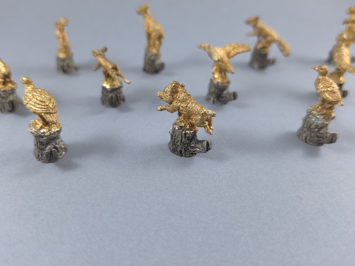 12 Sterling Silver And Gilt Place Card Holders Theme Of Hunting-photo-4