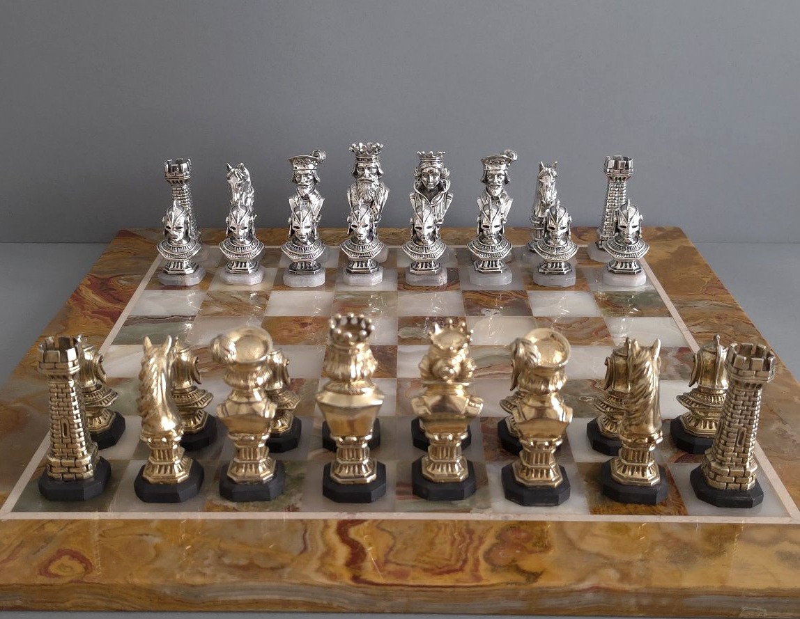 Chess Set In Sterling Silver, Gilt And Onyx