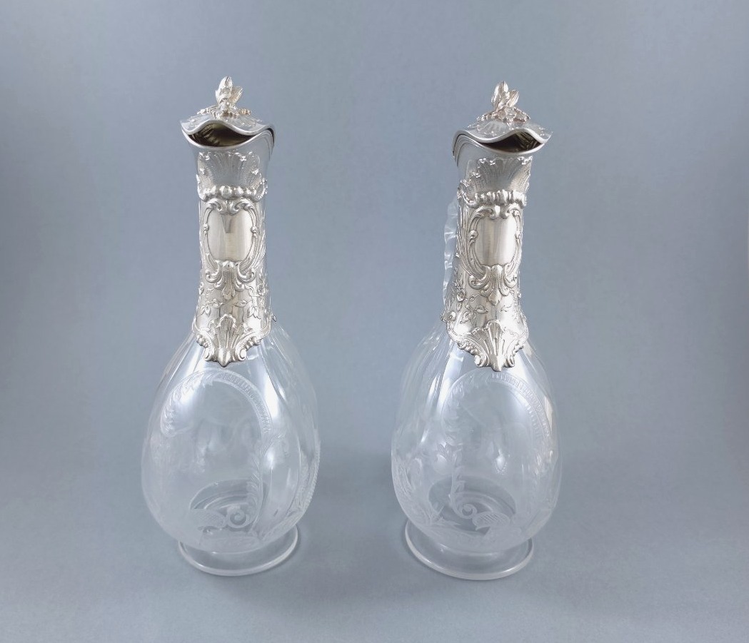 Pair Of Small Crystal And Sterling Silver Pitchers-photo-2