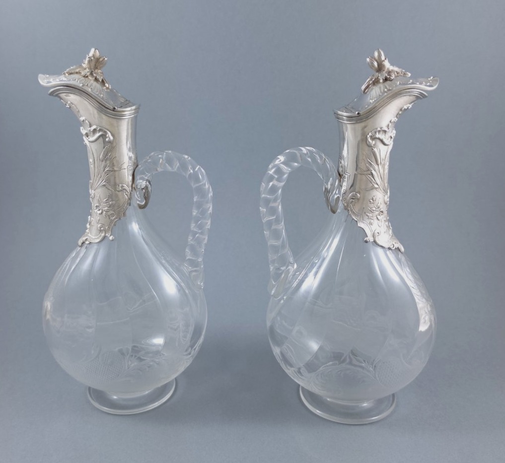 Pair Of Small Crystal And Sterling Silver Pitchers-photo-4