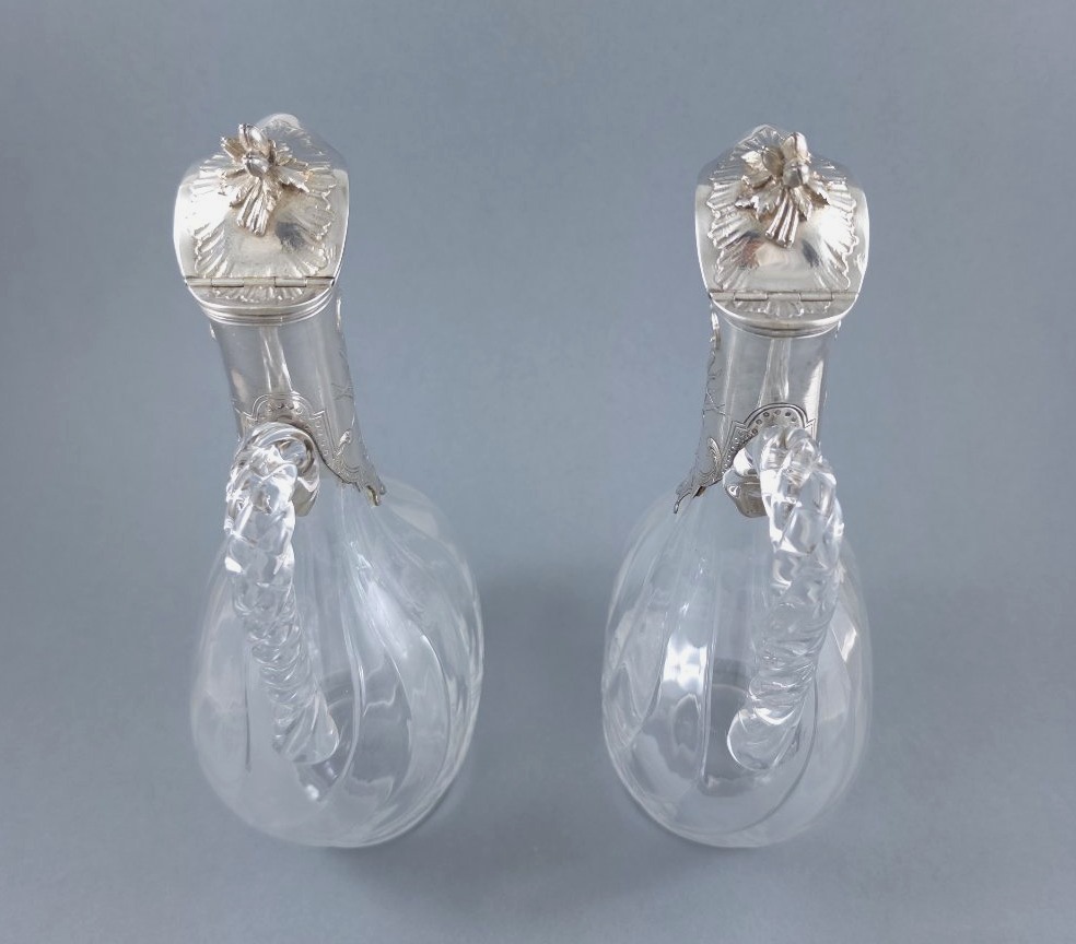 Pair Of Small Crystal And Sterling Silver Pitchers-photo-2