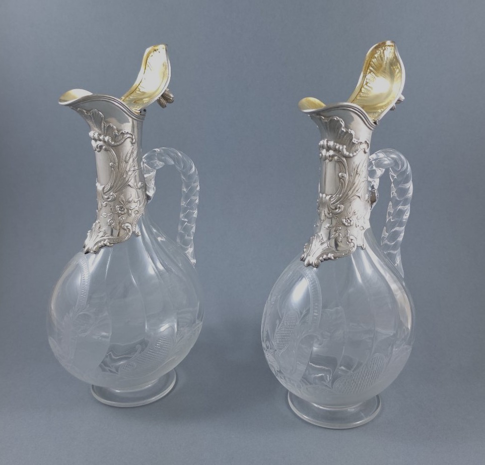 Pair Of Small Crystal And Sterling Silver Pitchers-photo-3